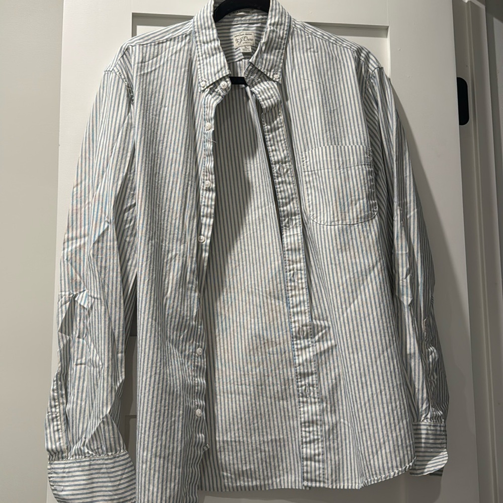 J. Crew Mens Shirt Large (Short) Stripe Button Up Long Sleeve Slim Fit Co…